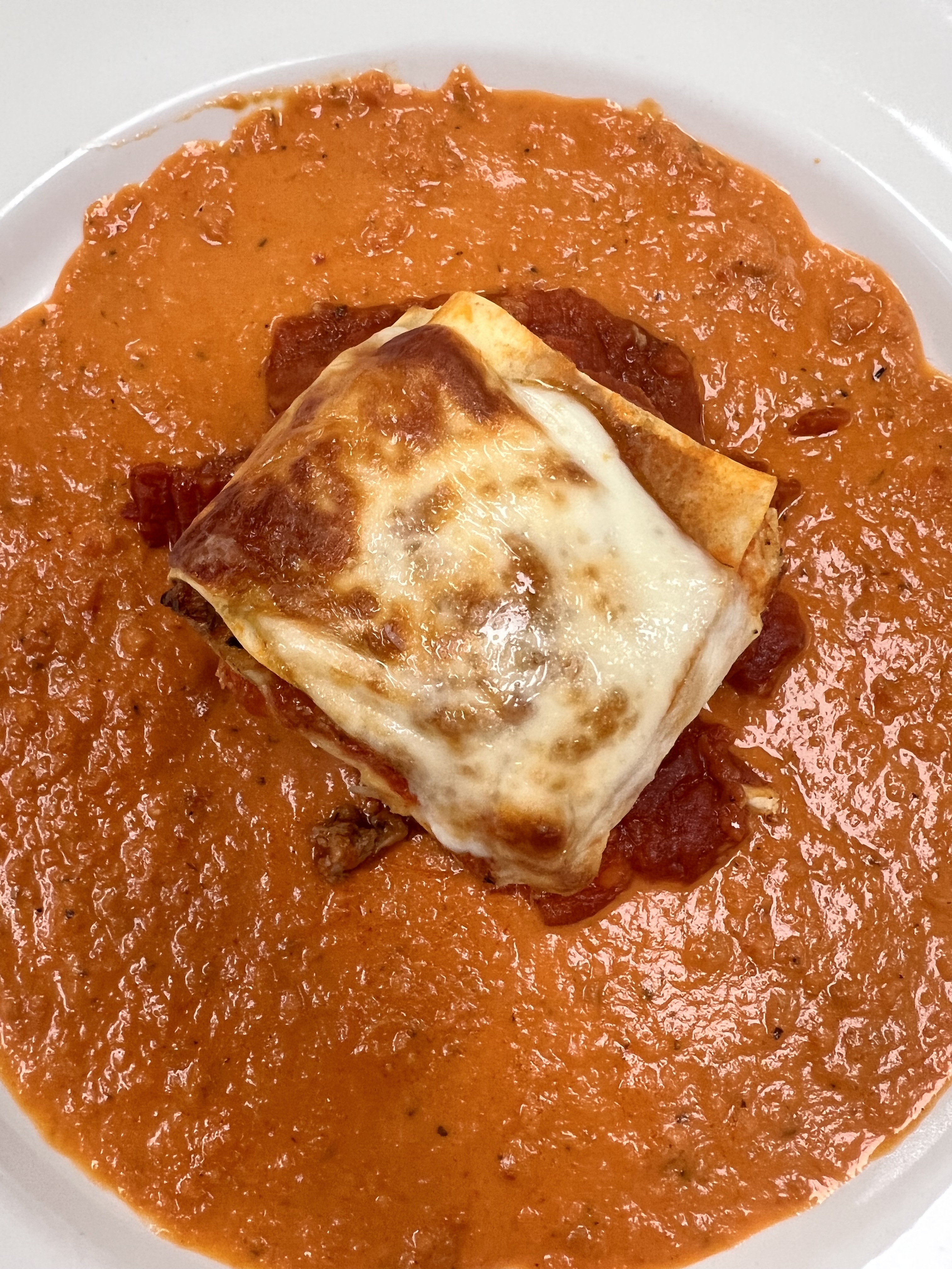 A square portion of baked lasagna with golden, melted mozzarella cheese on top, served in the center of a white plate surrounded by a generous pool of rich, creamy tomato sauce. The lasagna layers and hearty filling are visible on the sides beneath the cheese.