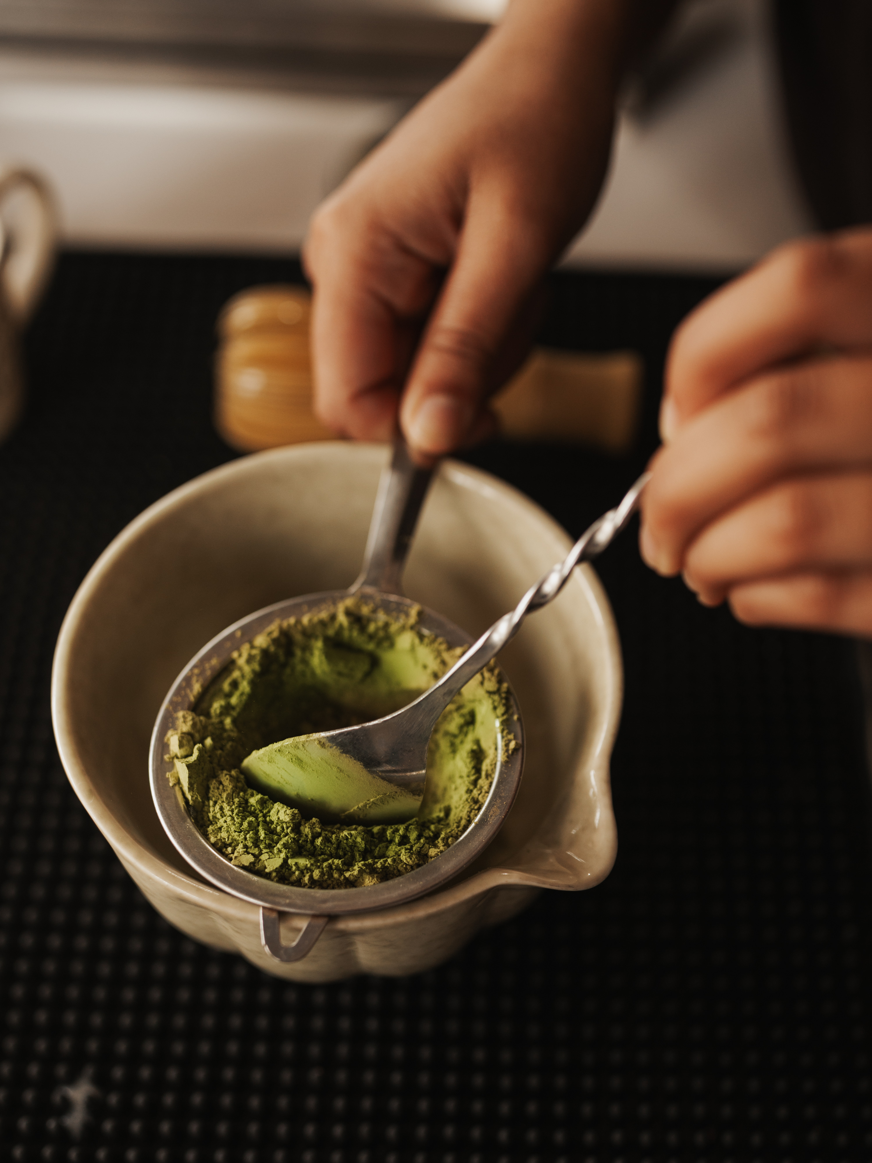 Prepping japanese grade matcha at Revival Coffee.