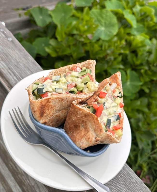 House made falafel pita served at Frankie's Pizza & Ice Cream in Mendocino California