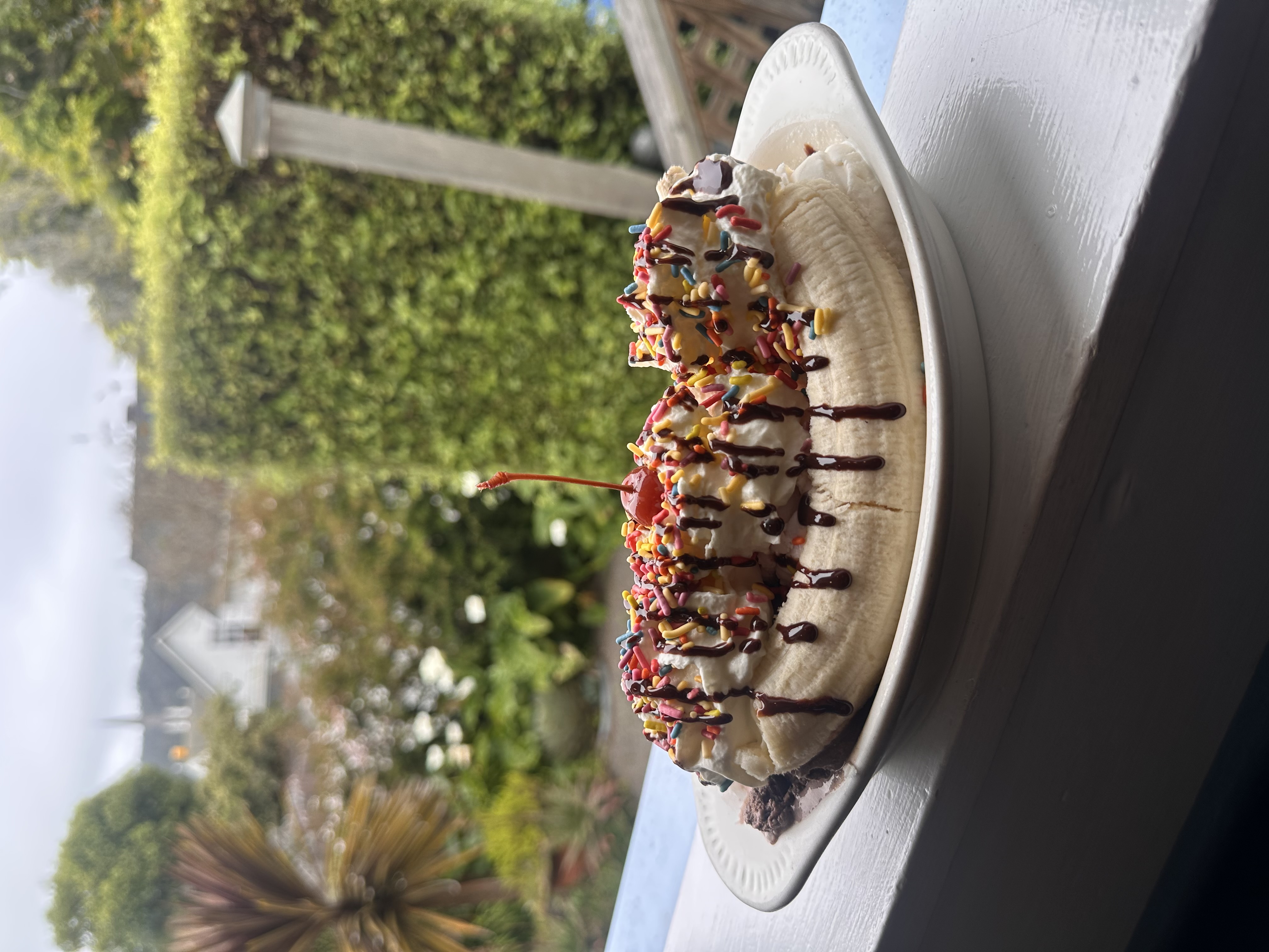 Banana split sundae with Cowlick's local made ice cream served at Frankie's Pizza & Ice Cream in Mendocino Village
