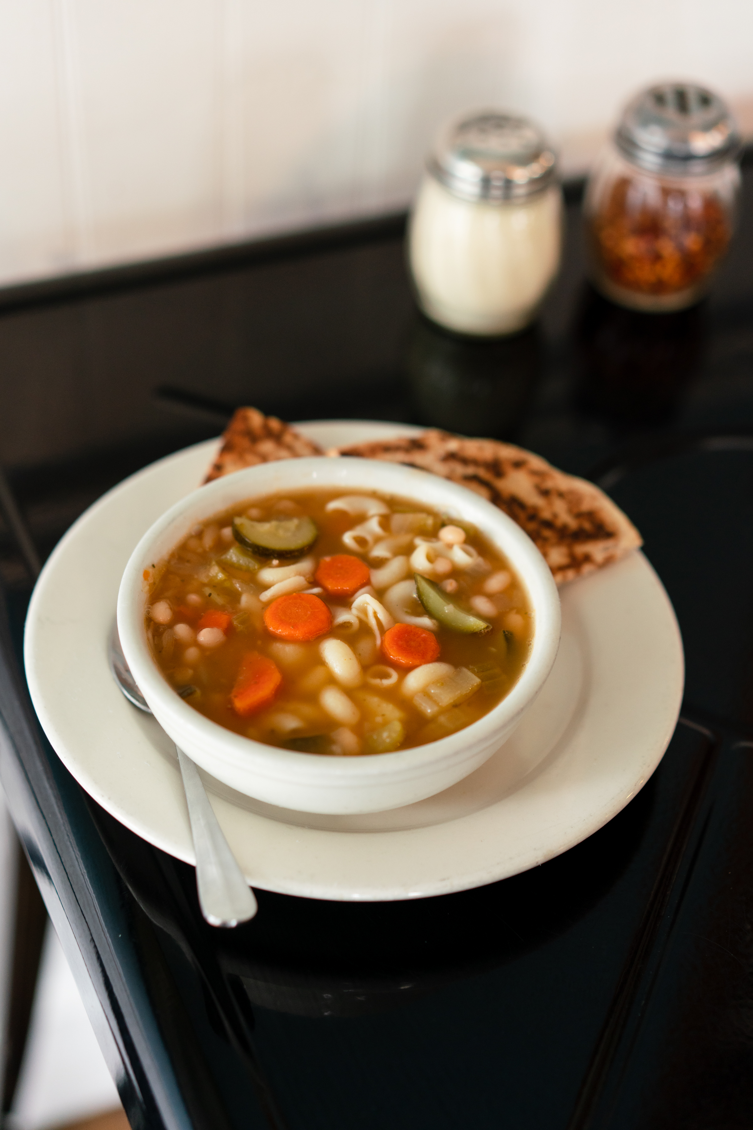 Bowl of vegetarian house made soup served at Frankie's Pizza & Ice Cream, Mendocino Village