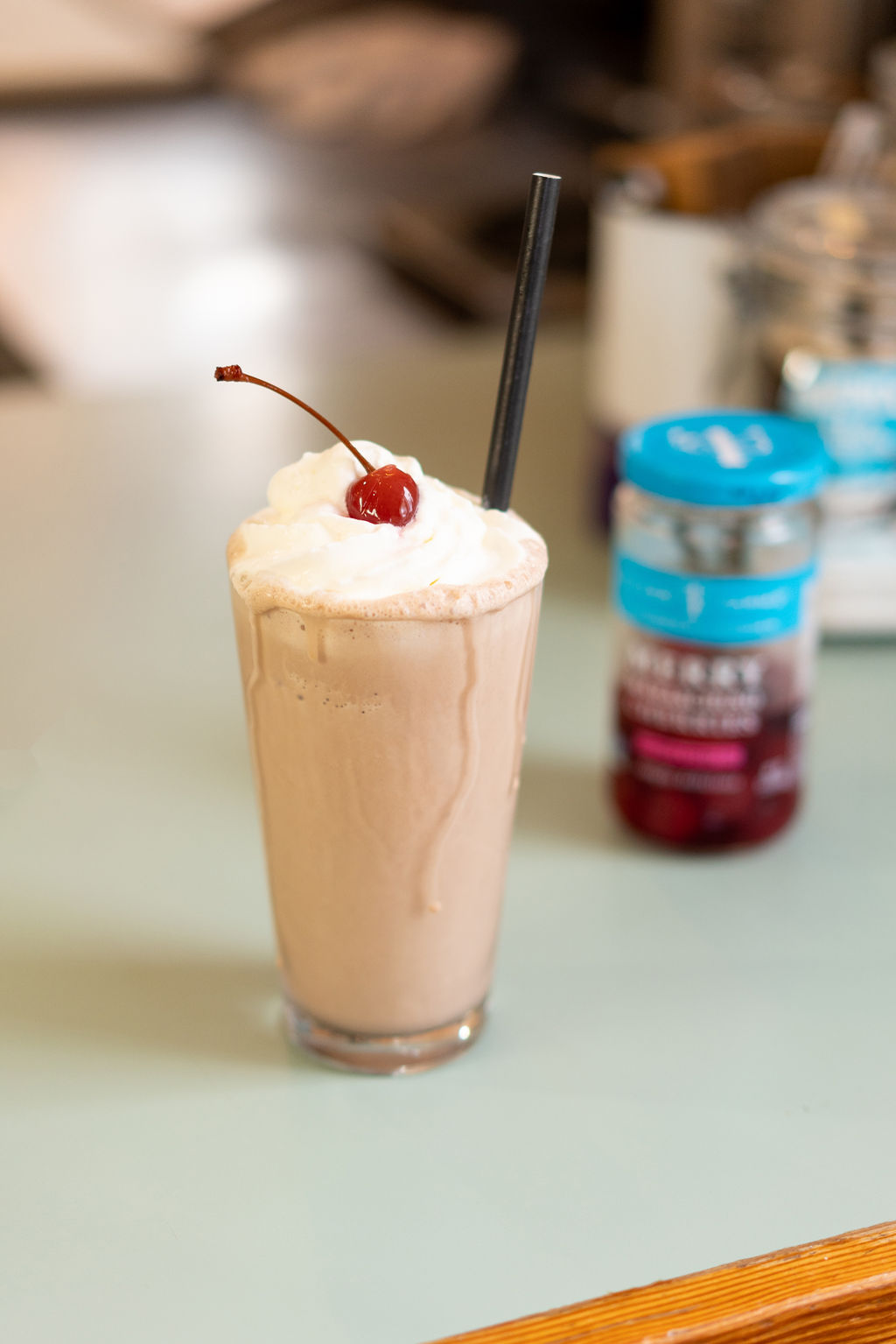 Chocolate milkshake made with local made Cowlick's ice cream at Frankie's Pizza & Ice Cream in Mendocino, California